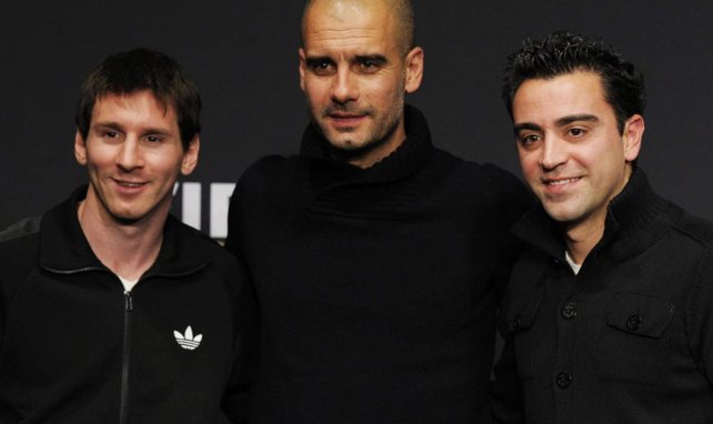 Lionel Messi, Pep Guardiola und Xavi (v. l. n. r.) im Jahr 2012