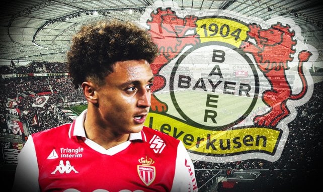 Eliesse Ben Seghir vor dem Leverkusen-Logo