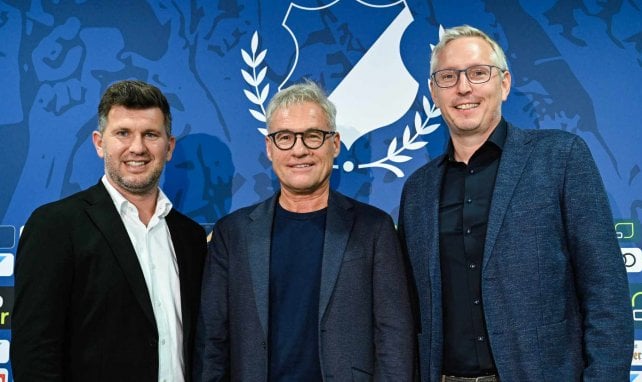 Andreas Schicker (l-r), Hoffenheim's new sports director, Markus Schütz, CEO, and Frank Briel, CFO