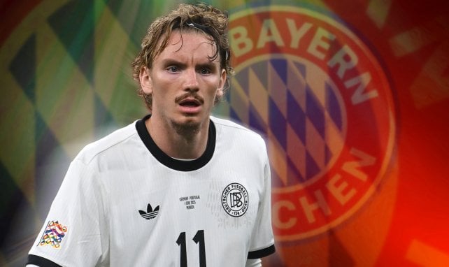 Nick Woltemade vor dem Bayern-Logo