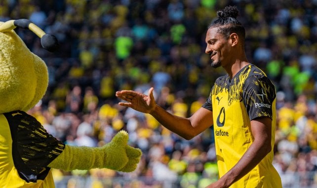 Sébastien Haller klatscht mit dem BVB-Maskottchen ab